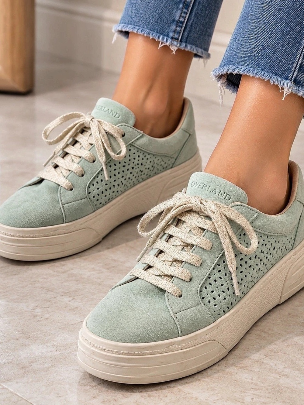 Overland Keri Suede Perforated Platform Sneaker Sneakers Green & White
